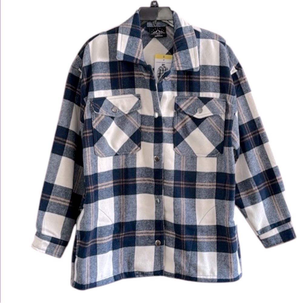 HFX Womens Cozy Plaid Print Shirt Jacket Shacket Blue Small